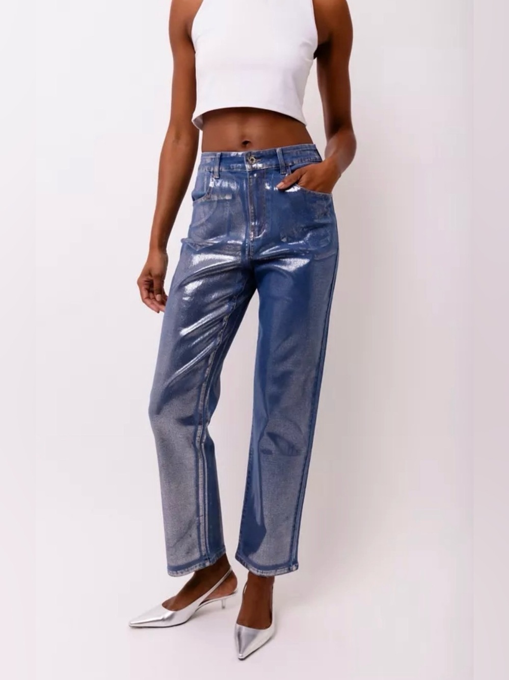 NWT Vibrant MIU Silver Foil Bootcut Jeans boutique foiled jeans 7/8
